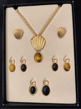 #248 Vintage Weingeroff Carved Scarab Interchangeable Necklace & Earrings Set